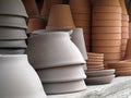 Colored Clay Pots and Saucers. Royalty Free Stock Photo