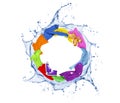 Colored clothes rotates in a swirling splashes of water on white
