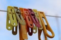 Colored clothespins for the clothes close-up of rope Royalty Free Stock Photo