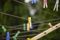 Colored clothespins for drying wet and washed clothes Royalty Free Stock Photo