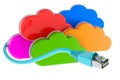 Colored clouds storage service with lan internet cable, 3D rendering Royalty Free Stock Photo