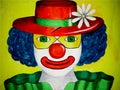 Paiting of a clown with blue curly hair, green eyes,red hat and green dress,on yellow background Royalty Free Stock Photo