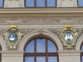 Colored coats of Arms of an ancient building of Prague in Czech Republic.