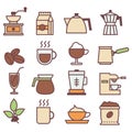 Colored coffee linear icons collection. Coffee flat icons set