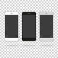 Colored concept of modern phones with empty screens, realistic white, gold and black mobile templates on transparent background. Royalty Free Stock Photo