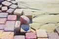 Colored concrete flooring assembled on a substrate of sand; type