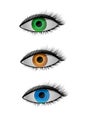 Colored contact lenses, blue, orange and green eyes, Royalty Free Stock Photo