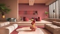 Colored contemporary living room, pastel red colors, sofa, armchair, carpet, tables, steps and potted plants, copper pendant lamps Royalty Free Stock Photo