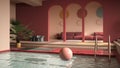 Colored contemporary living room with pool, pastel red colors, sofa, carpet, decors, steps and potted plants, copper pendant lamps Royalty Free Stock Photo