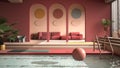 Colored contemporary living room with pool, pastel red colors, sofa, carpet, decors, steps and potted plants, copper pendant lamps Royalty Free Stock Photo