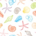 Colored contour seashells and starfishes seamless pattern. Hand drawn outline colorful vector illustration of underwater Royalty Free Stock Photo