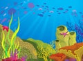 Colored coral reef and school of fish