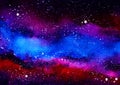 Colored cosmic sky with bright stars and dark clouds. Watercolor illustration Royalty Free Stock Photo