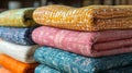 Colored cotton and linen fabrics stacked Royalty Free Stock Photo