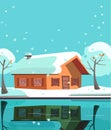 Colored country house on lake. Facade of building is reflected in mirror surface of water. Flat cartoon vector illustration of