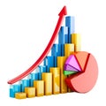 Colored craphs, pie charts, diagrams, bars with growth arrow. 3D rendering Royalty Free Stock Photo