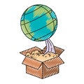 Colored crayon silhouette of earth globe coming out of the box Royalty Free Stock Photo