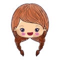 Colored crayon silhouette of kawaii head of cute little girl with braided hair and smiling