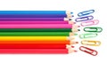 Colored crayons and paper clips, office stationery