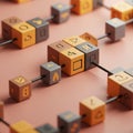 Colored cubes connected by rods on a flat surface. Each cube features distinct