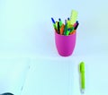 Colored cup with pencils for school or ofice works Royalty Free Stock Photo