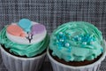Colored cupcakes close-up on grey fabric background Royalty Free Stock Photo