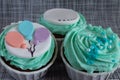 Colored cupcakes close-up on grey fabric background Royalty Free Stock Photo