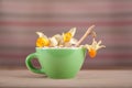 Colored cups with a and daffodils vintage retro