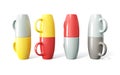 Colored cups on white background