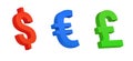 Colored currency symbols. Volume 3d signs of red dollar and blue euro green pound sterling