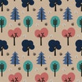 Colored decorative silhouettes of trees on a beige background.