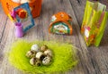 Colored different Easter eggs table decoration with postcard `Happy Easter` Royalty Free Stock Photo
