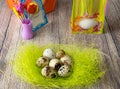 Colored different Easter eggs table decoration with postcard Royalty Free Stock Photo