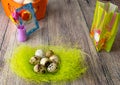 Colored different Easter eggs table decoration with postcard Royalty Free Stock Photo