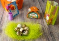 Colored different Easter eggs table decoration with postcard Royalty Free Stock Photo