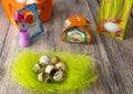 Colored different Easter eggs table decoration with postcard Royalty Free Stock Photo