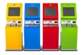 Colored digital touchscreen terminals. Financial services kiosks, 3D rendering