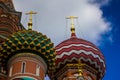 Colored domes of St. Basil`s Cathedral close-up. St. Basil`s Cathedral in Moscow, Russia Royalty Free Stock Photo