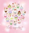 Colored doodle sketch cupcakes with decorations on pink