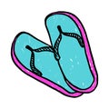 Colored doodle sketch flipflops icon. Slippers icon cartoon character. Flip flop blue and pink on white background.