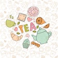 Colored doodle sweets and tea items