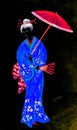 A young oriental woman with blue komono, red fan and umbrella