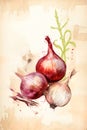 Colored drawing on paper of some purple onions