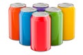 Colored drink metallic cans, 3D rendering