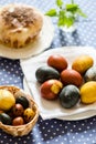 Colored easter eggs and easter cake on the table Royalty Free Stock Photo