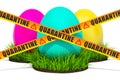 Colored Easter Eggs with caution barrier tapes. Easter quarantine concept. 3D rendering