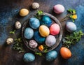 Colored Easter eggs on grunge background, top view Royalty Free Stock Photo