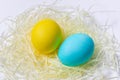 Colored Easter eggs in nest isolated on white background. Postcard idea, close-up.