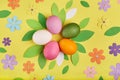 Colored Easter eggs. Spring greeting card banner. Yellow background. Floral theme.