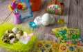 Colored Easter eggs table decoration with angel Royalty Free Stock Photo